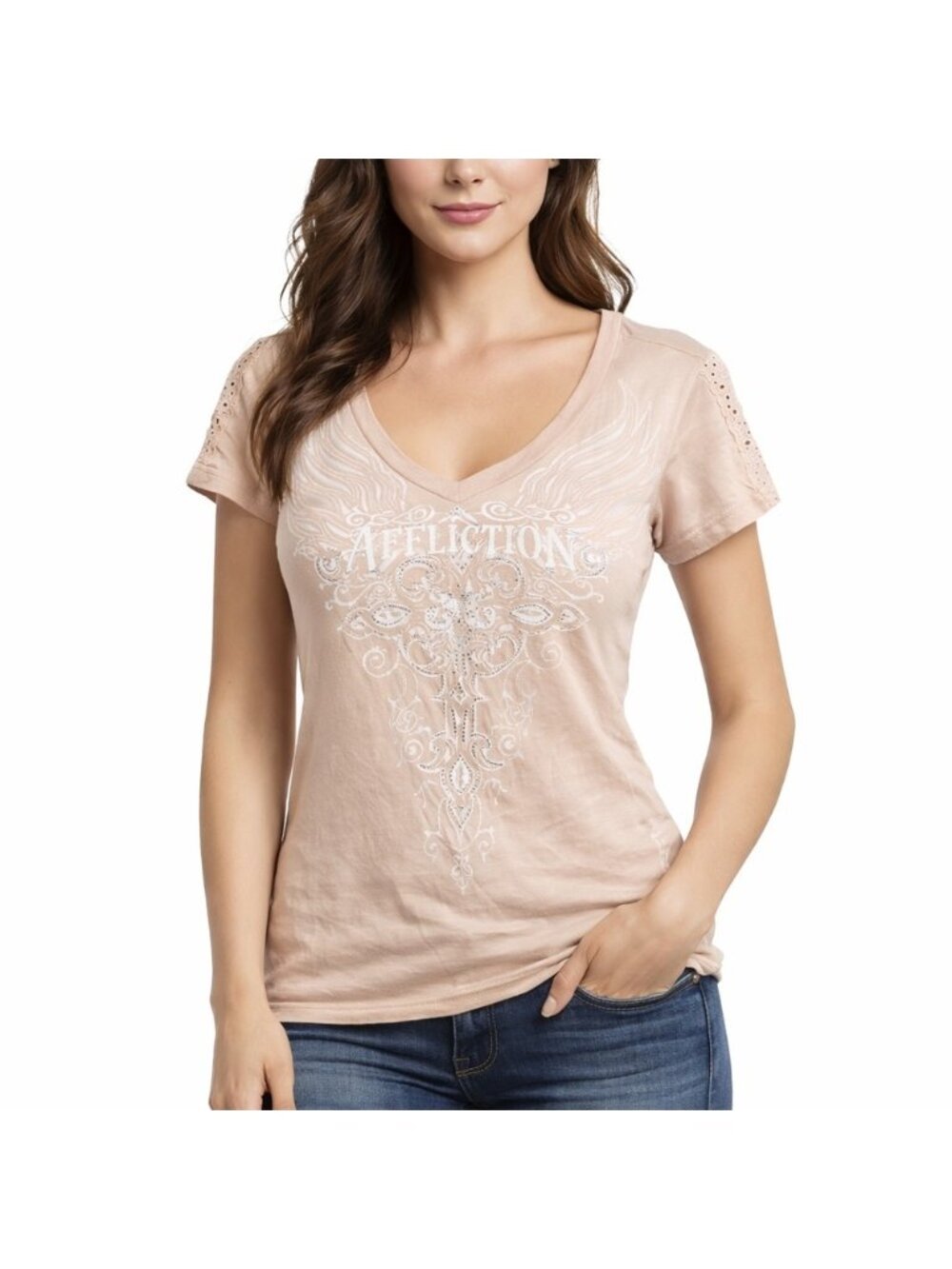 Affliction Pink V-Neck Graphic Embellished Shirt